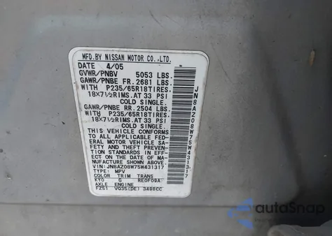 2005 Nissan Murano Sl z USA, uszkodzony, nr VIN JN8AZ08W75W431317